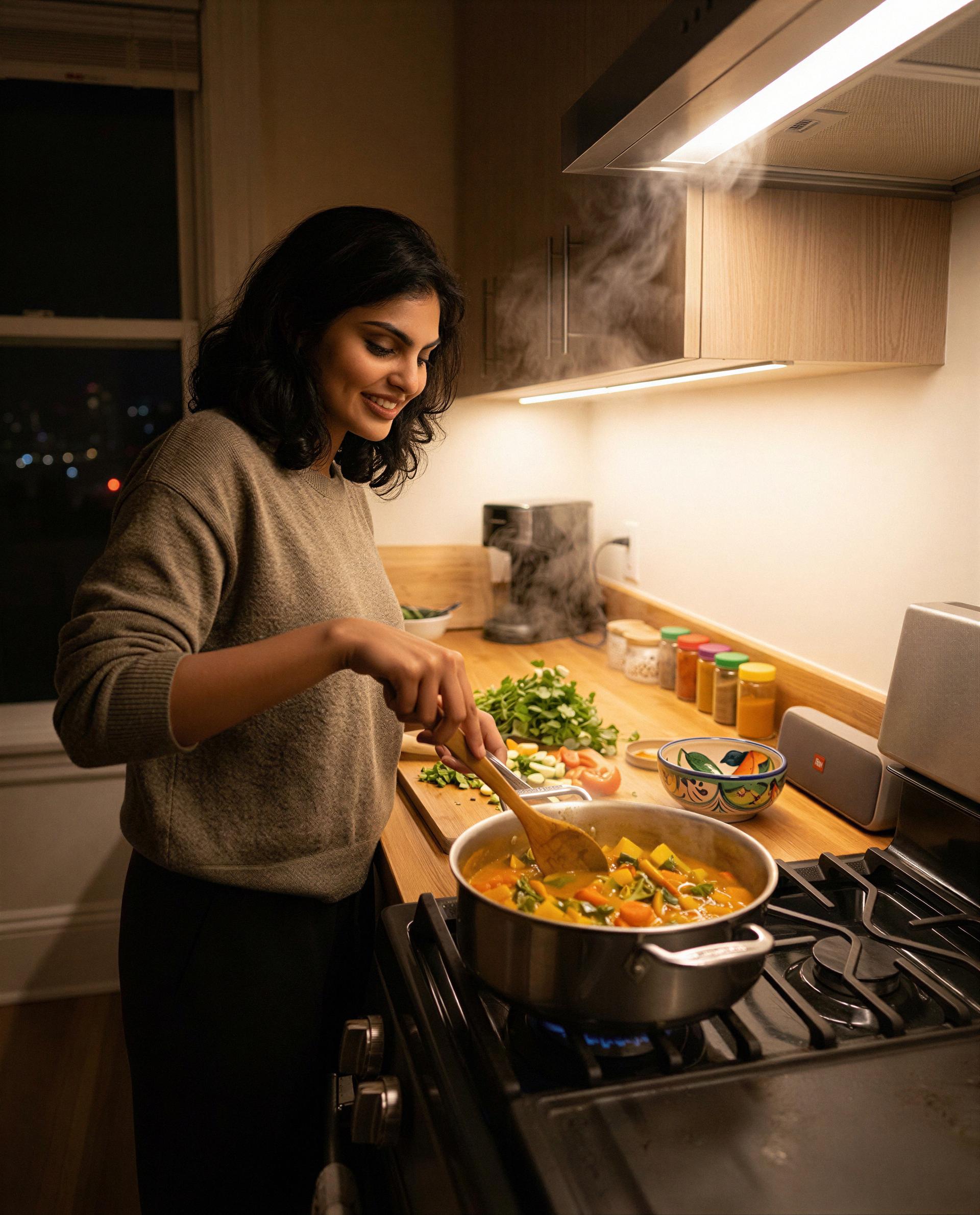 Laxmi Sheikh: Just me, some fresh herbs, and a pot of curry on this cozy night. Nothing beats the vibe of home-cooked warmth and jazz.