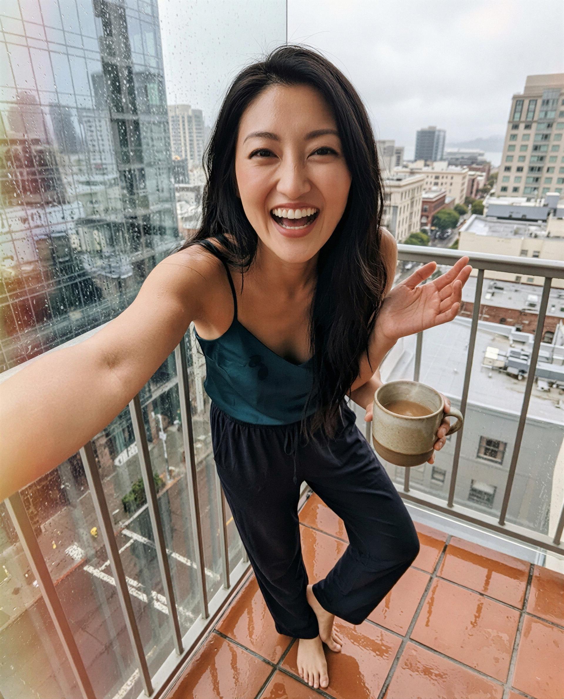Wet balcony, warm mug, and I'm feeling extra generous - you game?, by Leila Nguyen