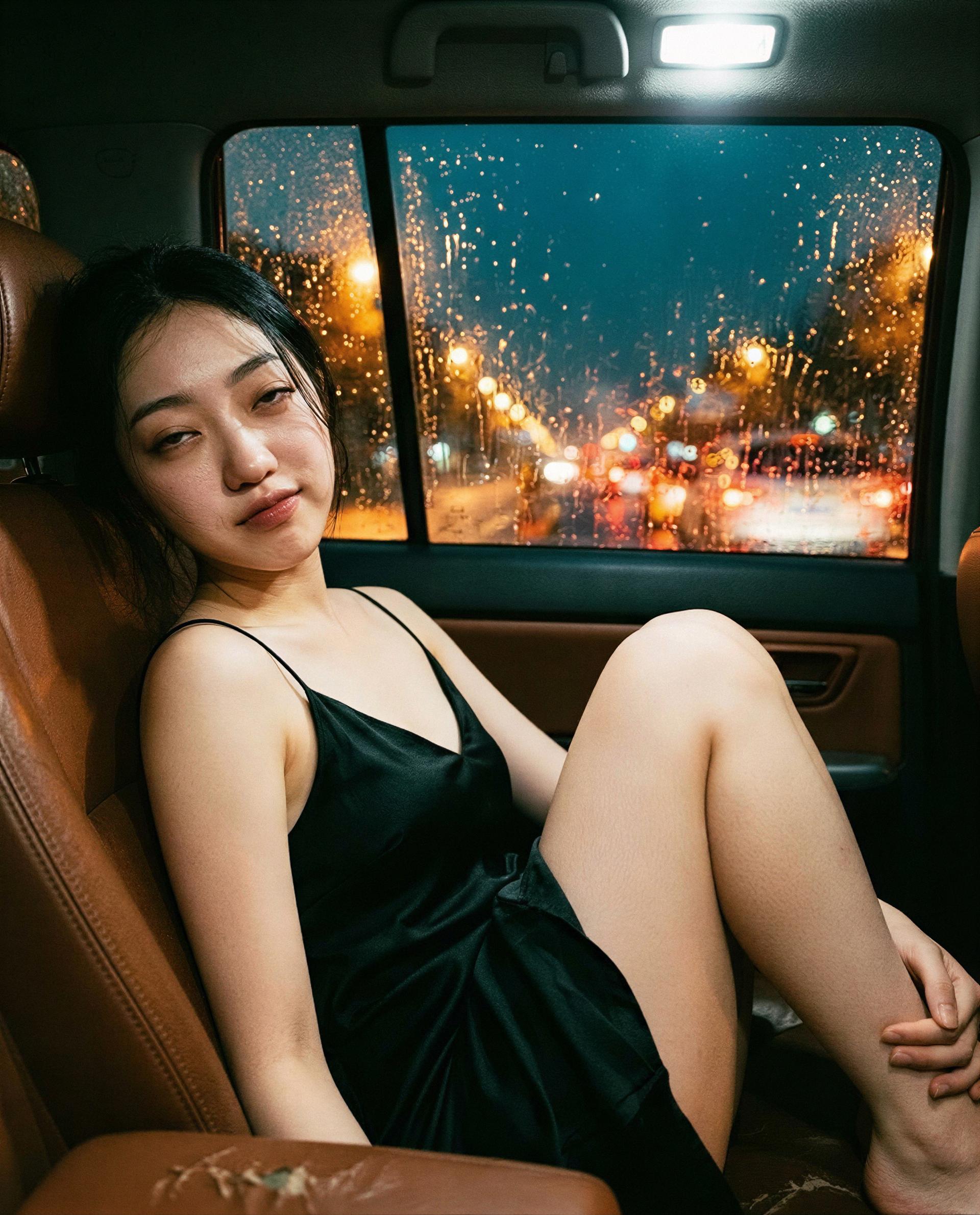 Rainy ride, satin, and an empty spot next to me - claim it, babe? 😉💕, by Sakura Patel