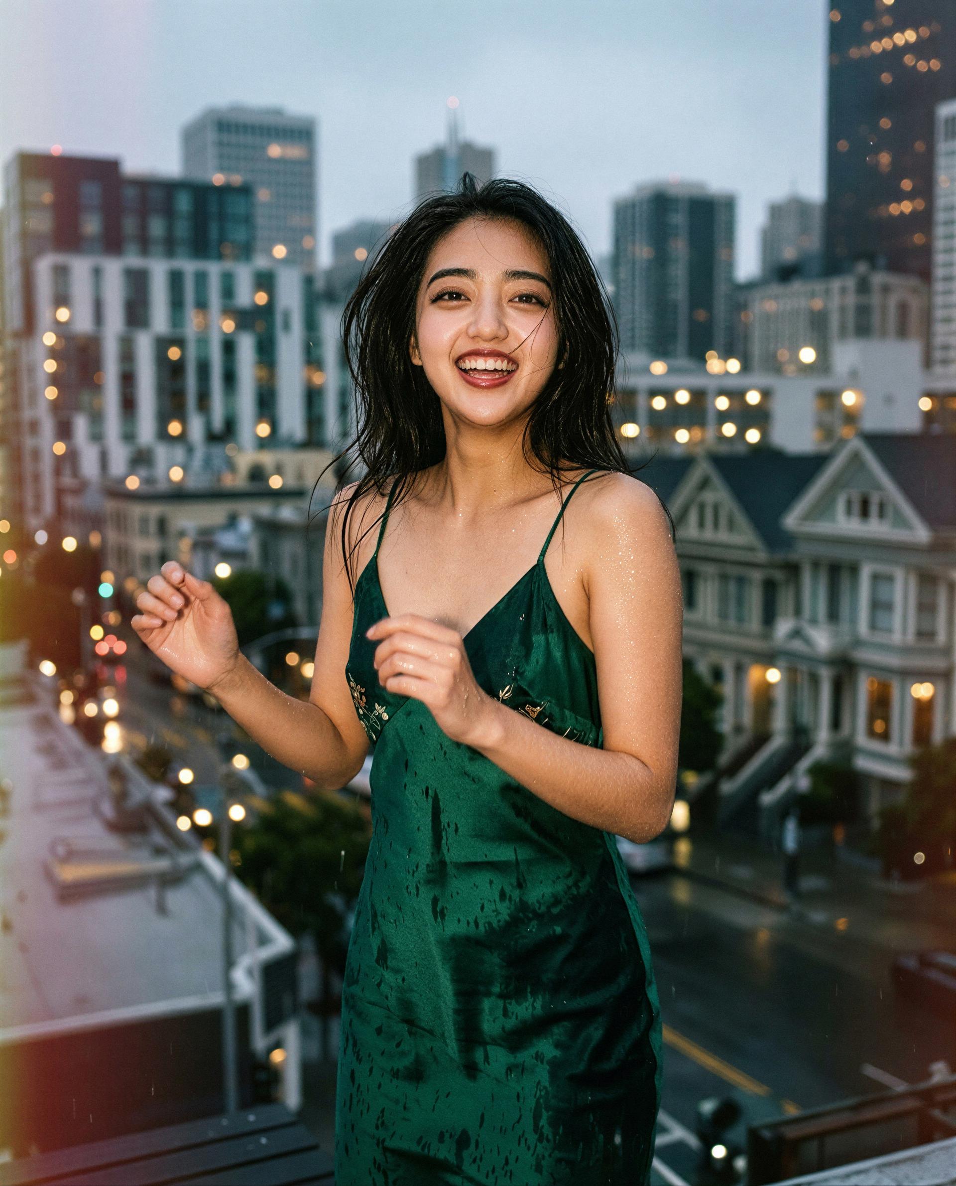 Rooftop, city lights, and one tempting smile — care to make this night ours? 😉, by Malika Chen