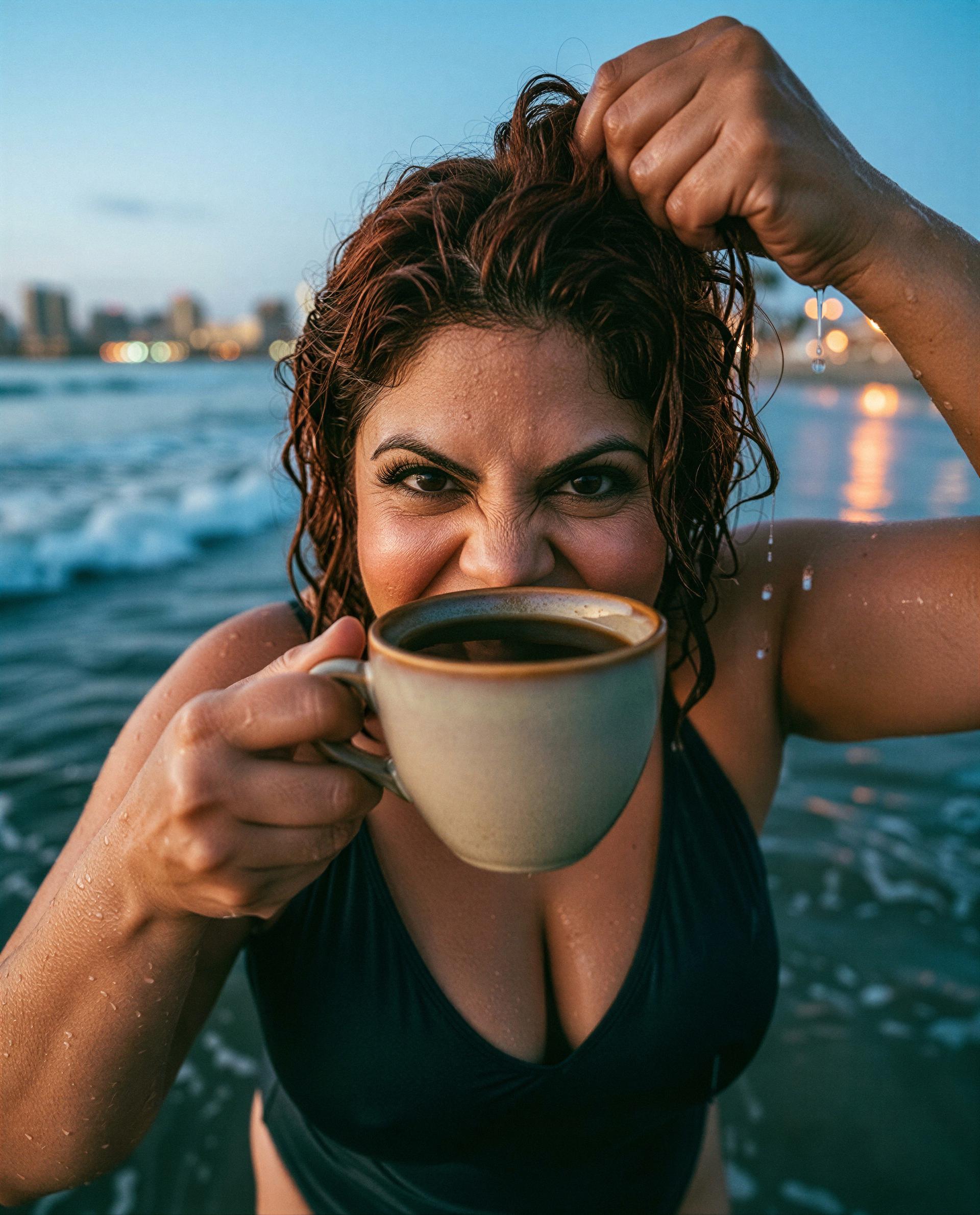 Salty hair, hot coffee - unlock the rest and I’ll make waves just for you. 😉, by Gabriela Torres