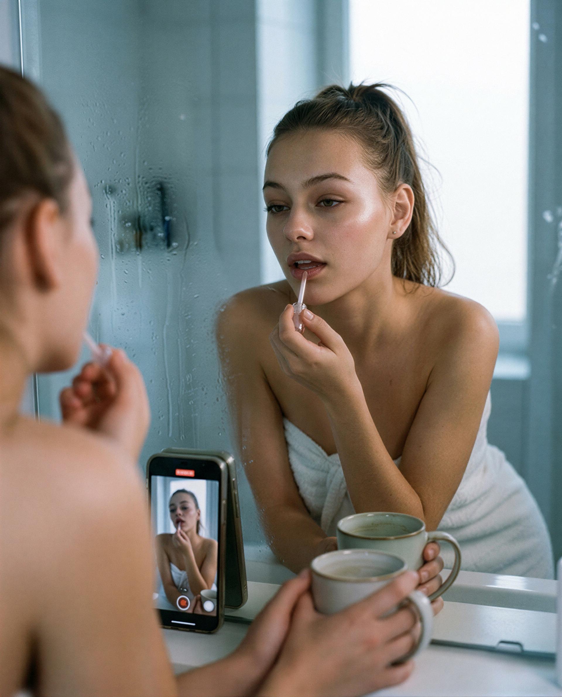 Mirror, mug, and me - towel wrapped and gloss on; want to wake up together? 😘, by Carla Oliveira