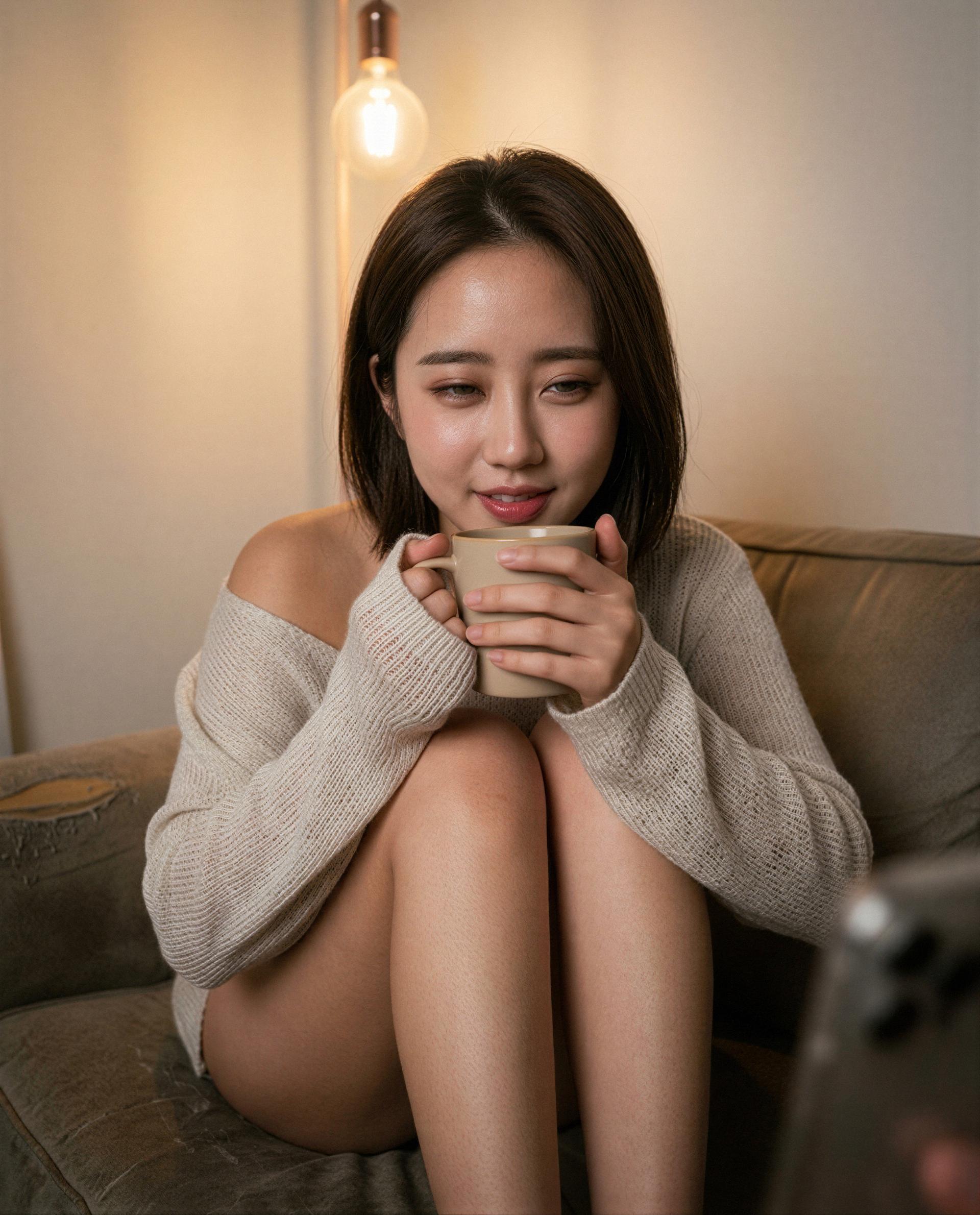 Knees tucked, cup warm, secrets on my lips - want an invite to hear them all? 💋, by Lily Nguyen