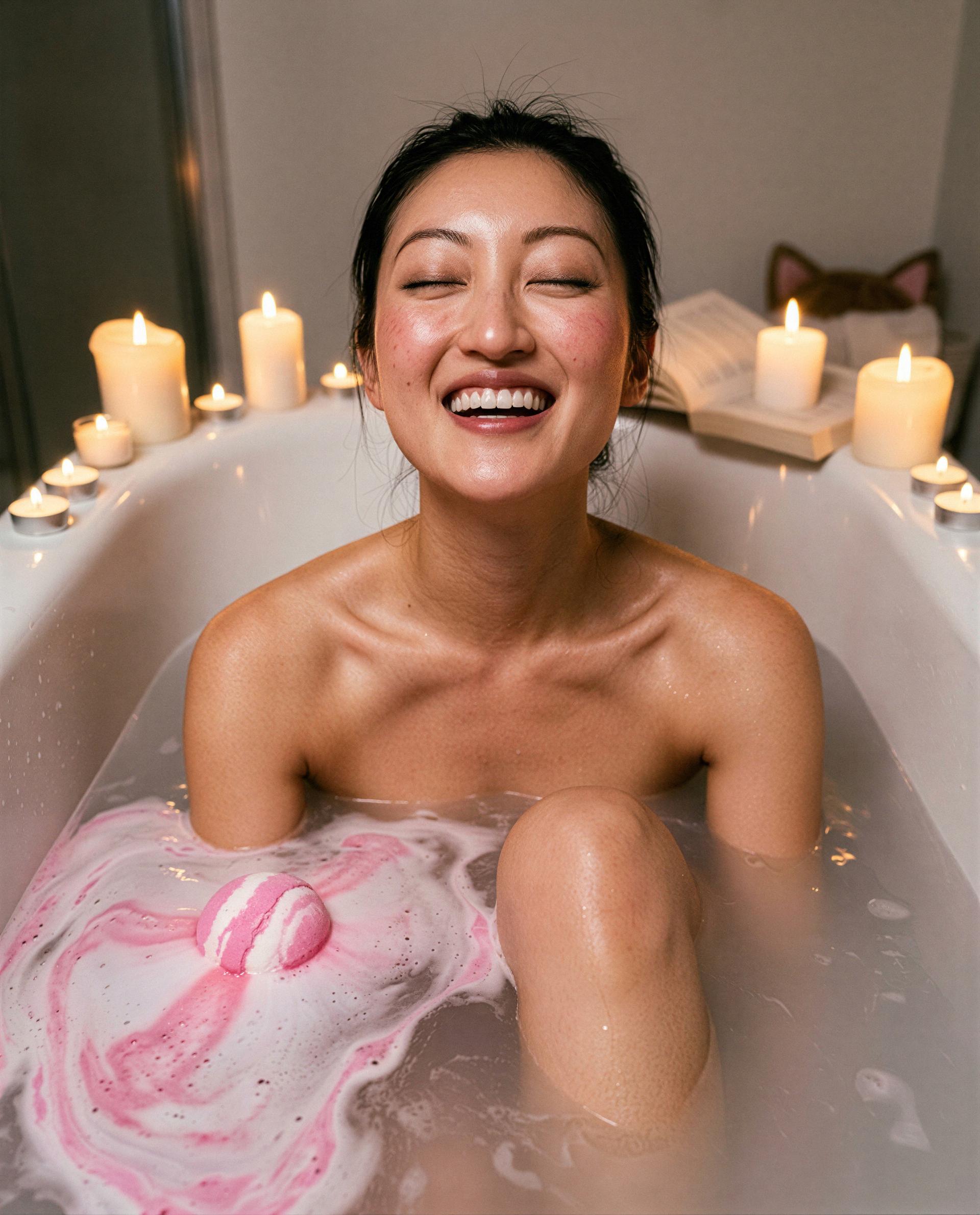 Candles lit, bath on — slide in and make it worth the click., by Leila Nguyen