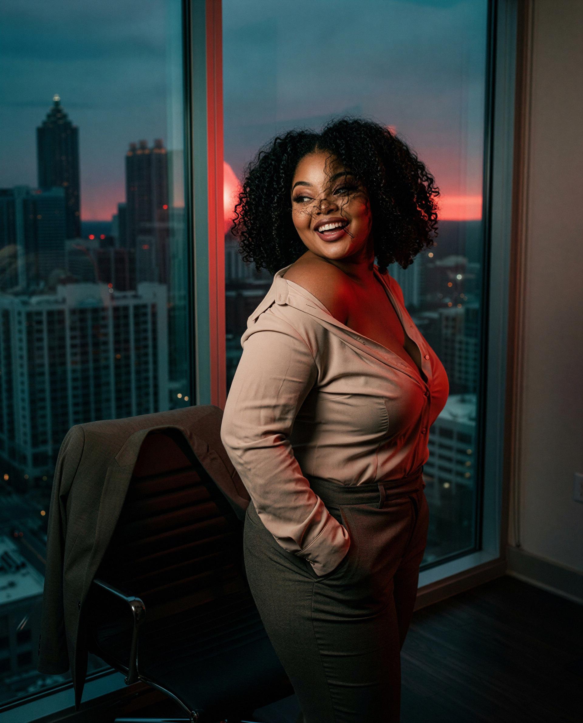 Sunset at my back, buttons undone - drop a tip and I’ll make the whole city jealous 💋, by Ayana Ade