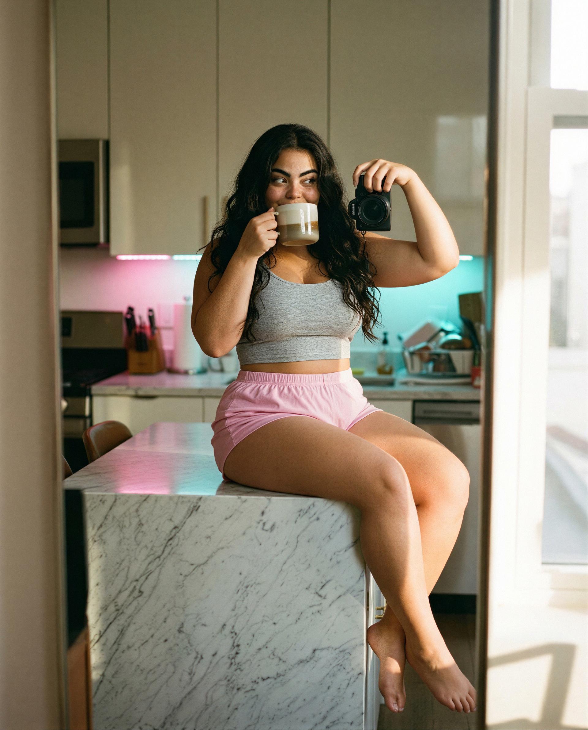 Coffee, soft shorts, and a look just for you - peek into my private feed and I'll make it worth your while. 😉💕, by Patricia Carvalho
