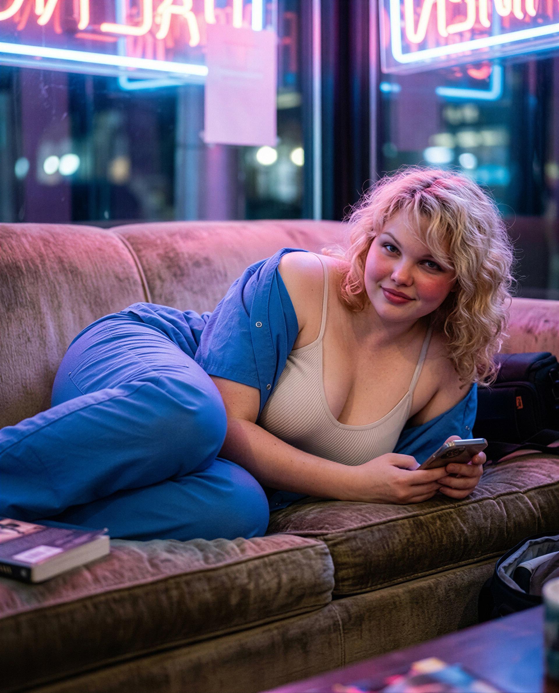 neon lights, soft couch, and one secret spot - care to claim it? 🫣, by Anna Petrova