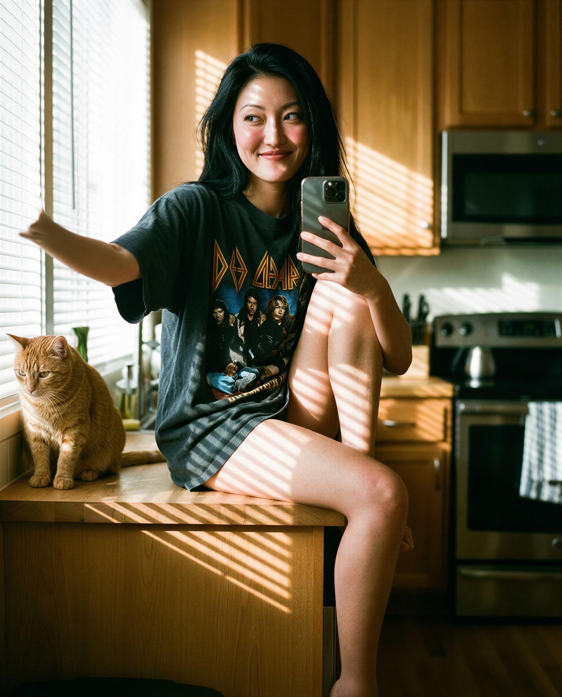 Kitchen sunlight, oversized tee, and nothing holding me back - want the director’s cut?, by Leila Nguyen