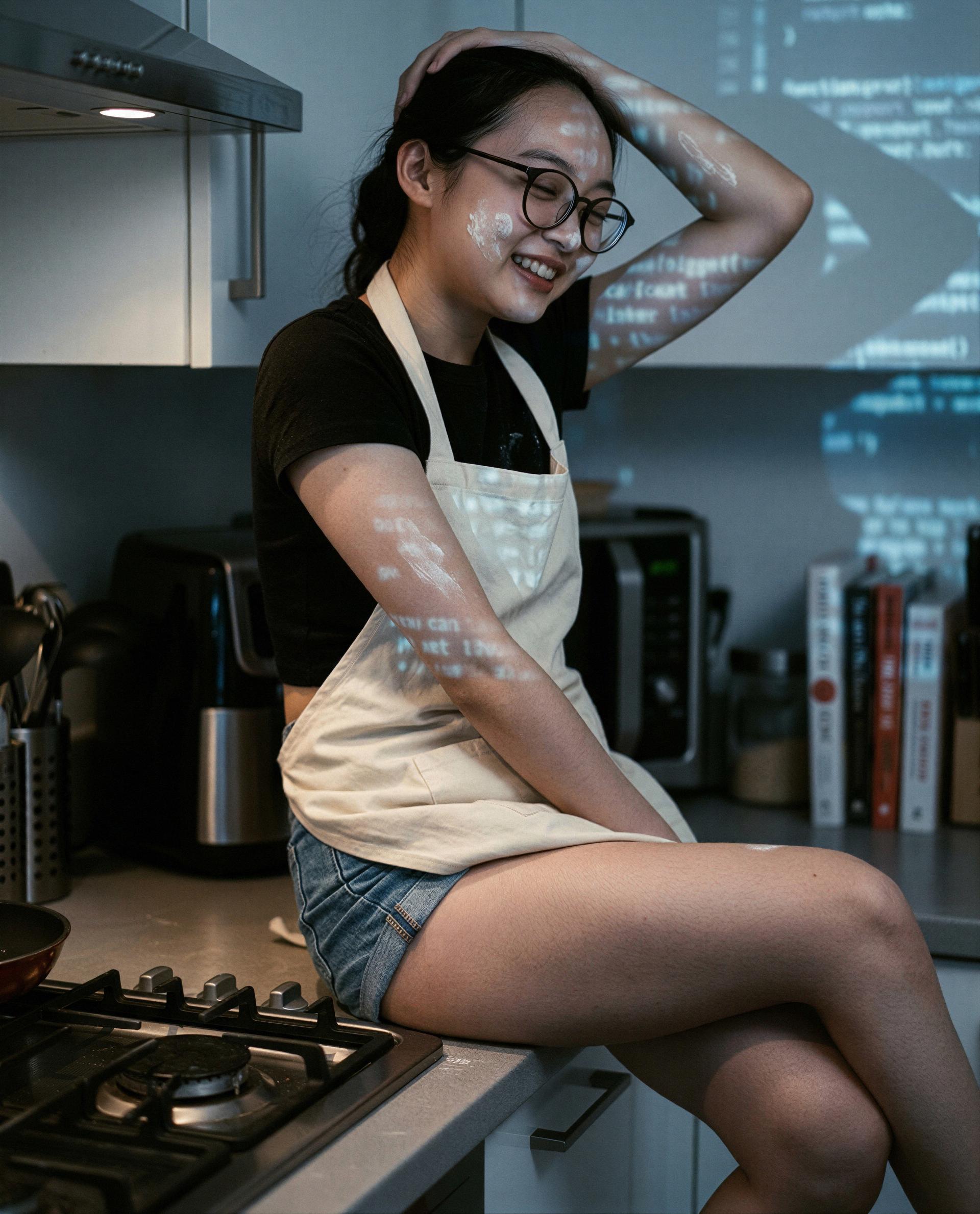 Flour on my skin, mischief in my apron—want a private nibble?, by Jing Guan