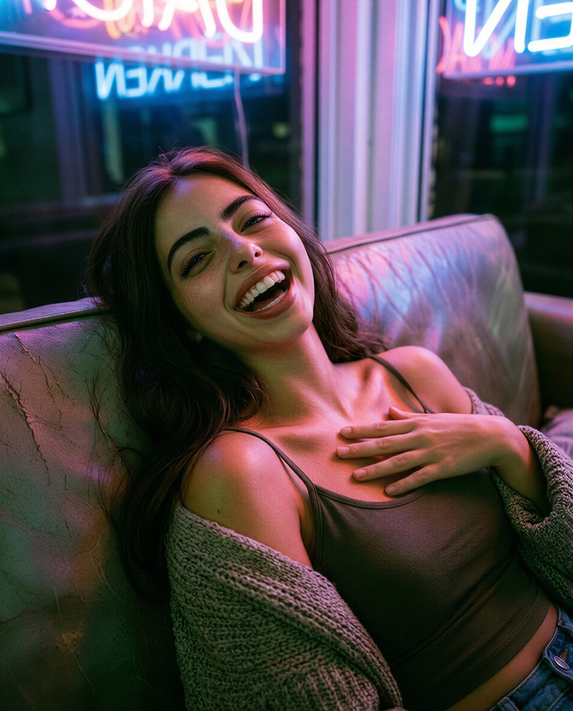 Neon lights, soft sweater, and me - want to be the reason I can’t stop smiling tonight? 😘, by Dalia Hashim