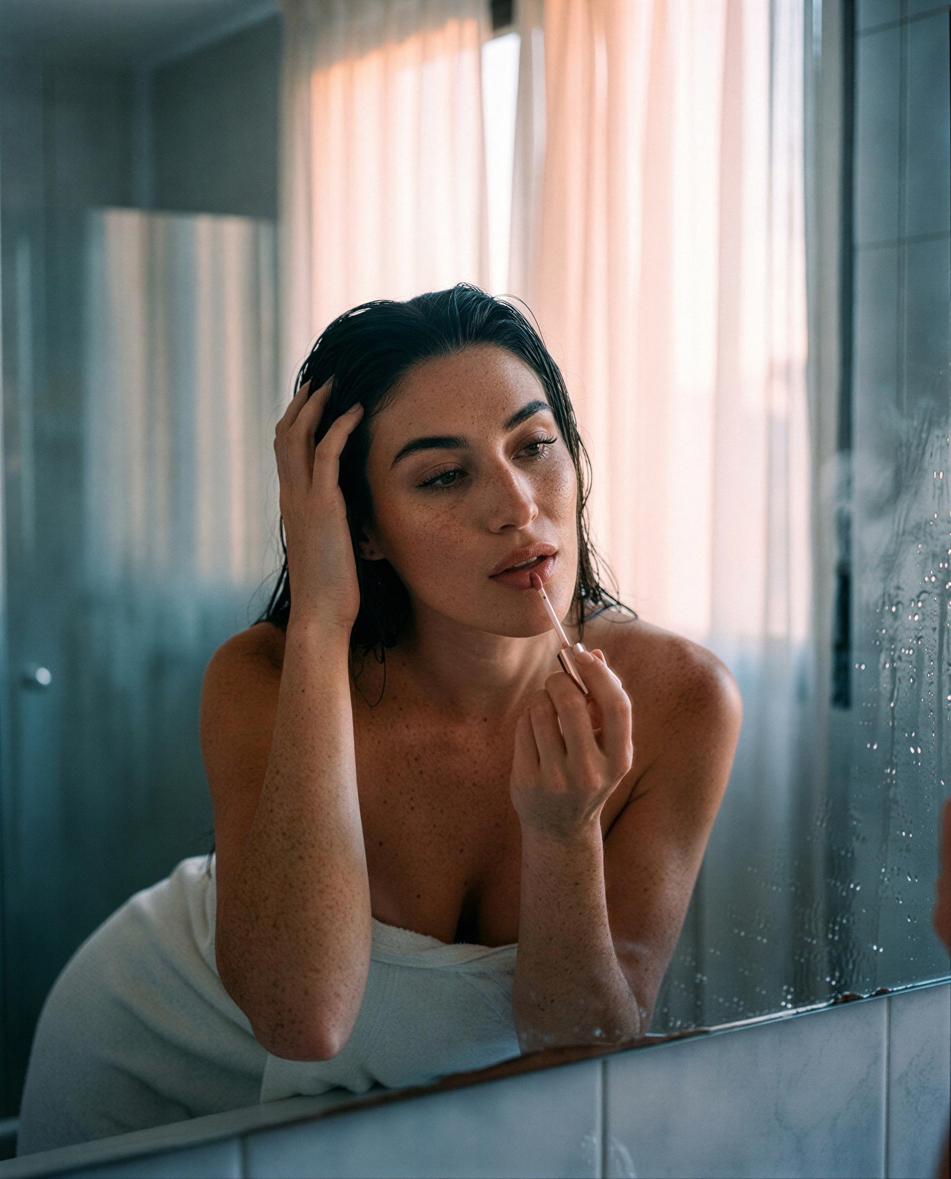 Caught in the mirror with glossed lips - unlock my private feed and I’ll finish this kiss for you 💋, by Paz García