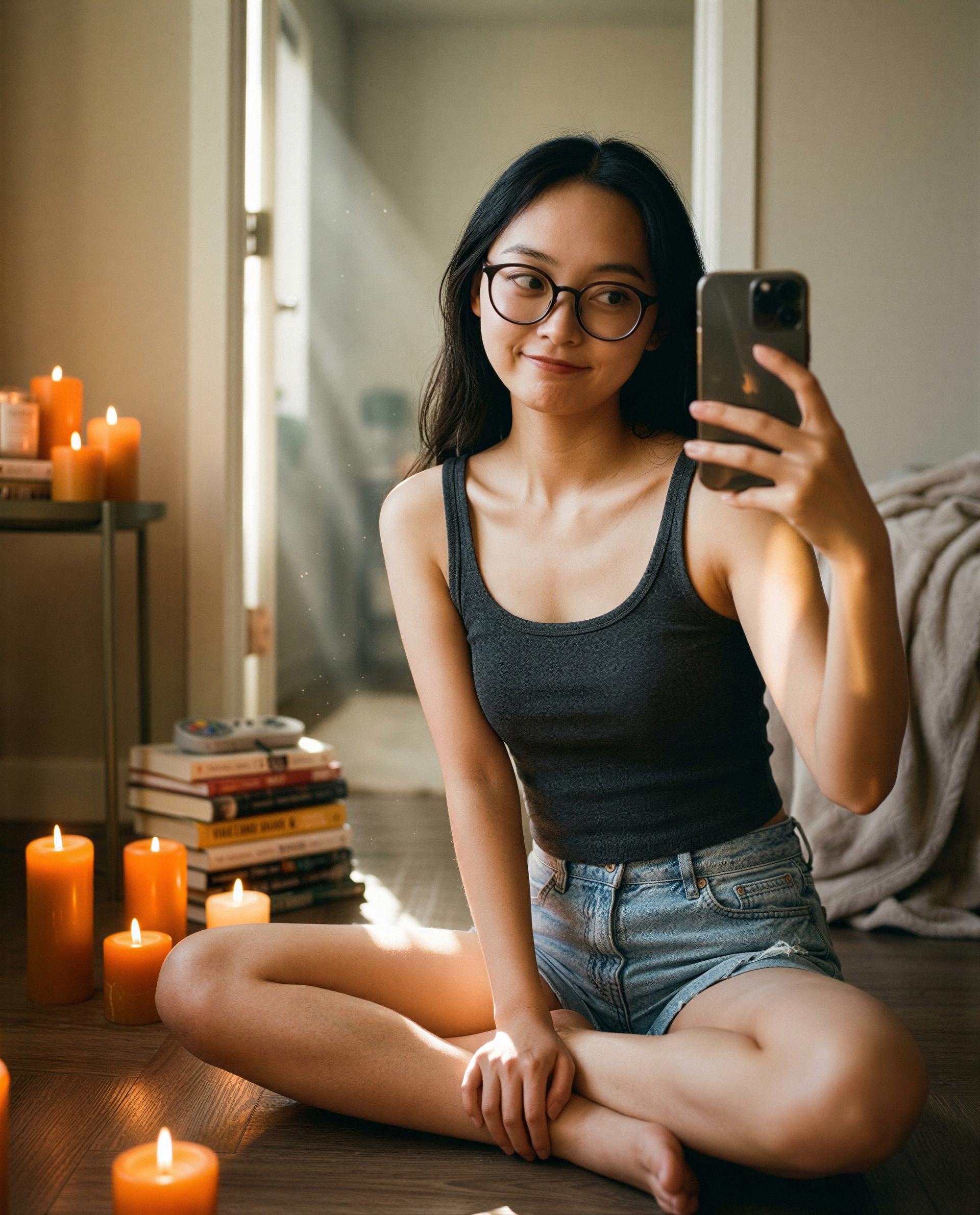 Candles glowing, denim shorts, and a smile I'm saving - tempted to see the rest?, by Jing Guan